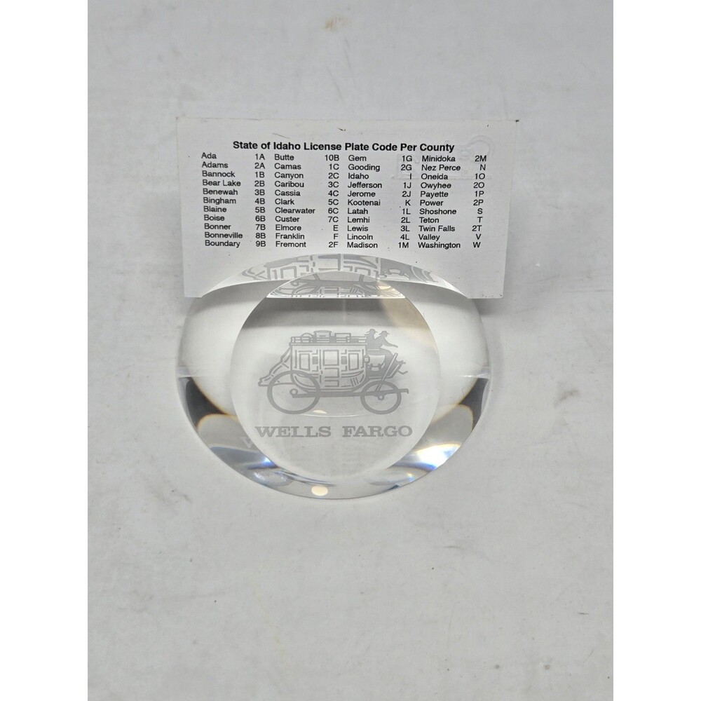 VINTAGE WELLS FARGO CLEAR GLASS PAPERWEIGHT BUSINESS CARD HOLDER STAGECOACH BANK